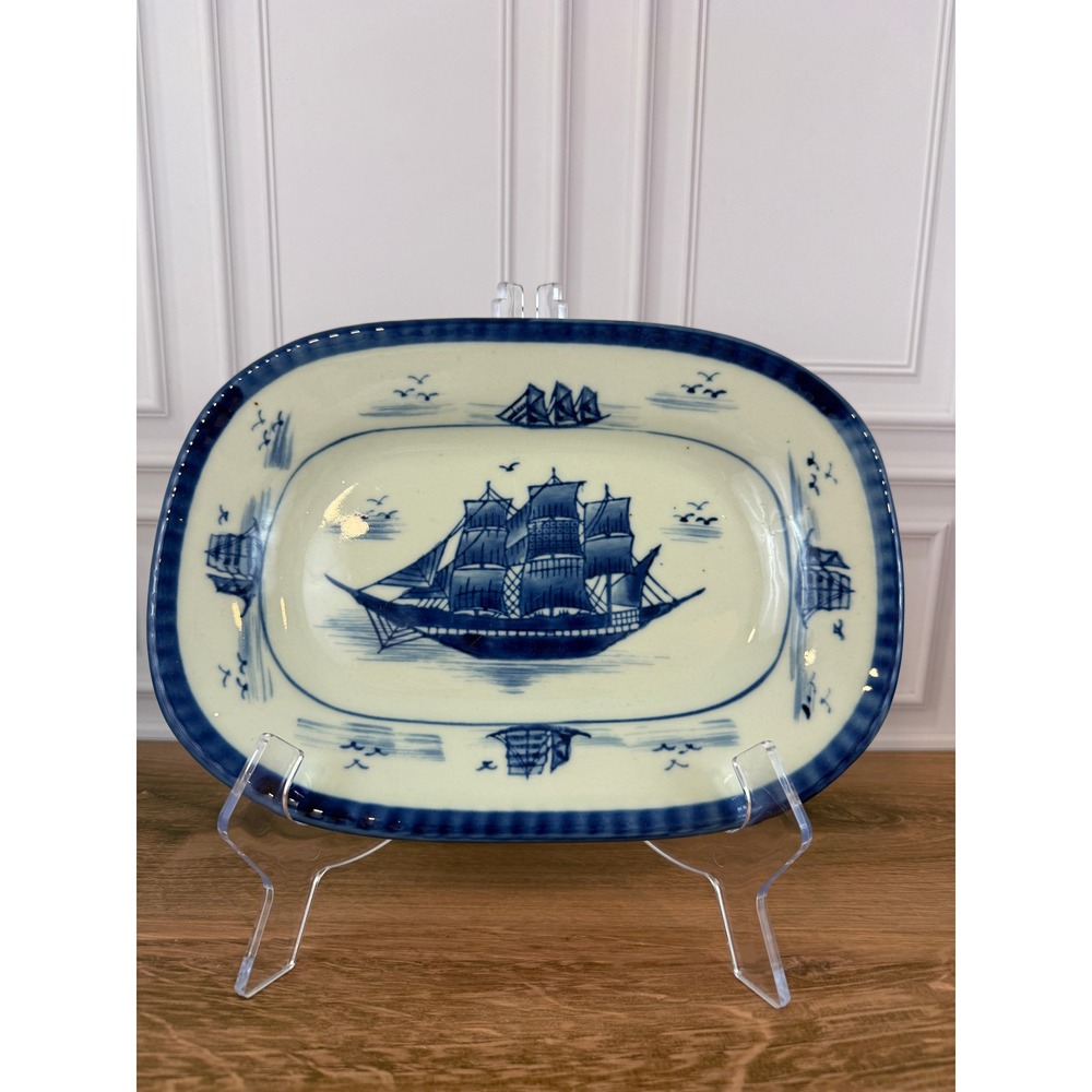 VTG Rare Nantucket Sailing Ship Schooner Oval Dish Tray Nautical Coastal Decor